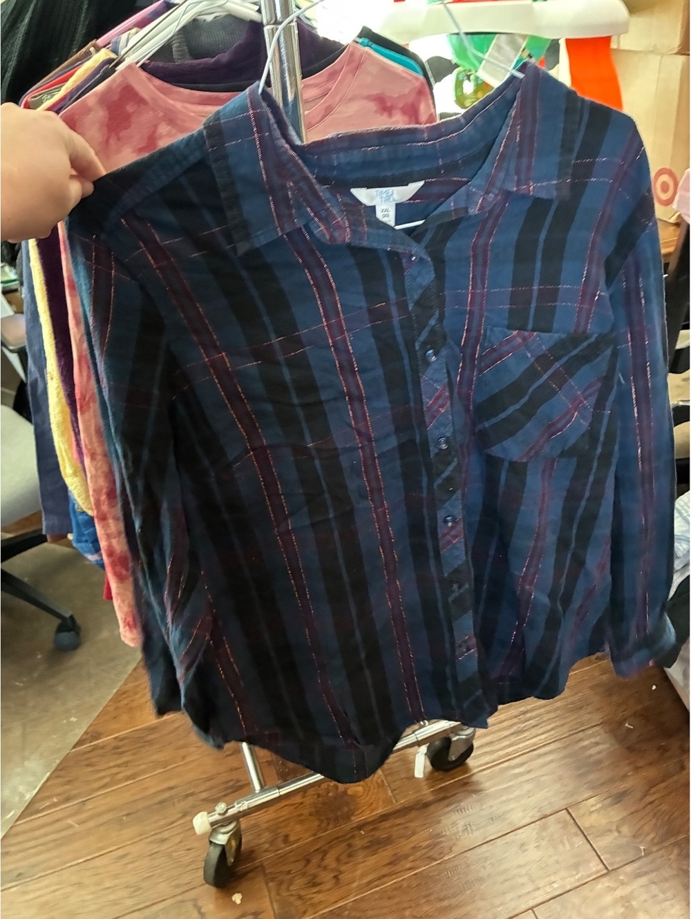 Time and Tru blue plaid button-front blouse